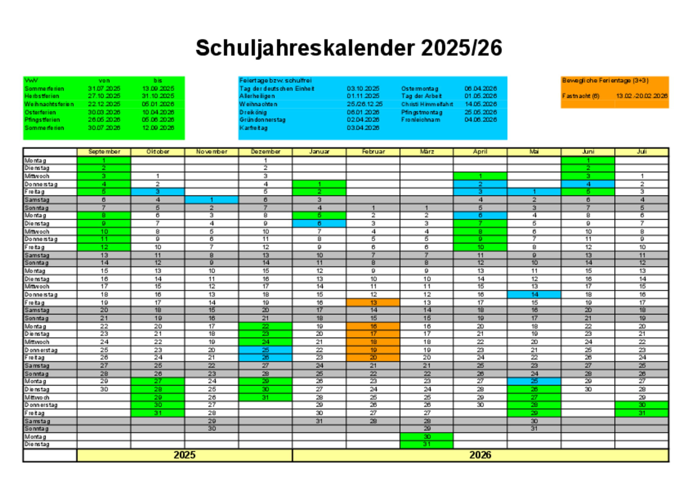 Ferienplan 2025/26